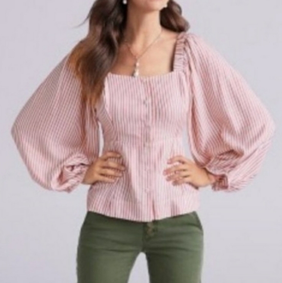Cabi Carnival Striped Button Front Square Neck Puff Sleeve Blouse Womens S - Picture 2 of 11